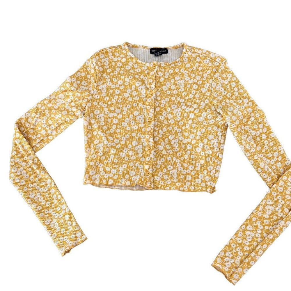 Longsleeve Cute Floral Crop Top 90s Inspired Yellow Lettuce Trim Buttons XS/S